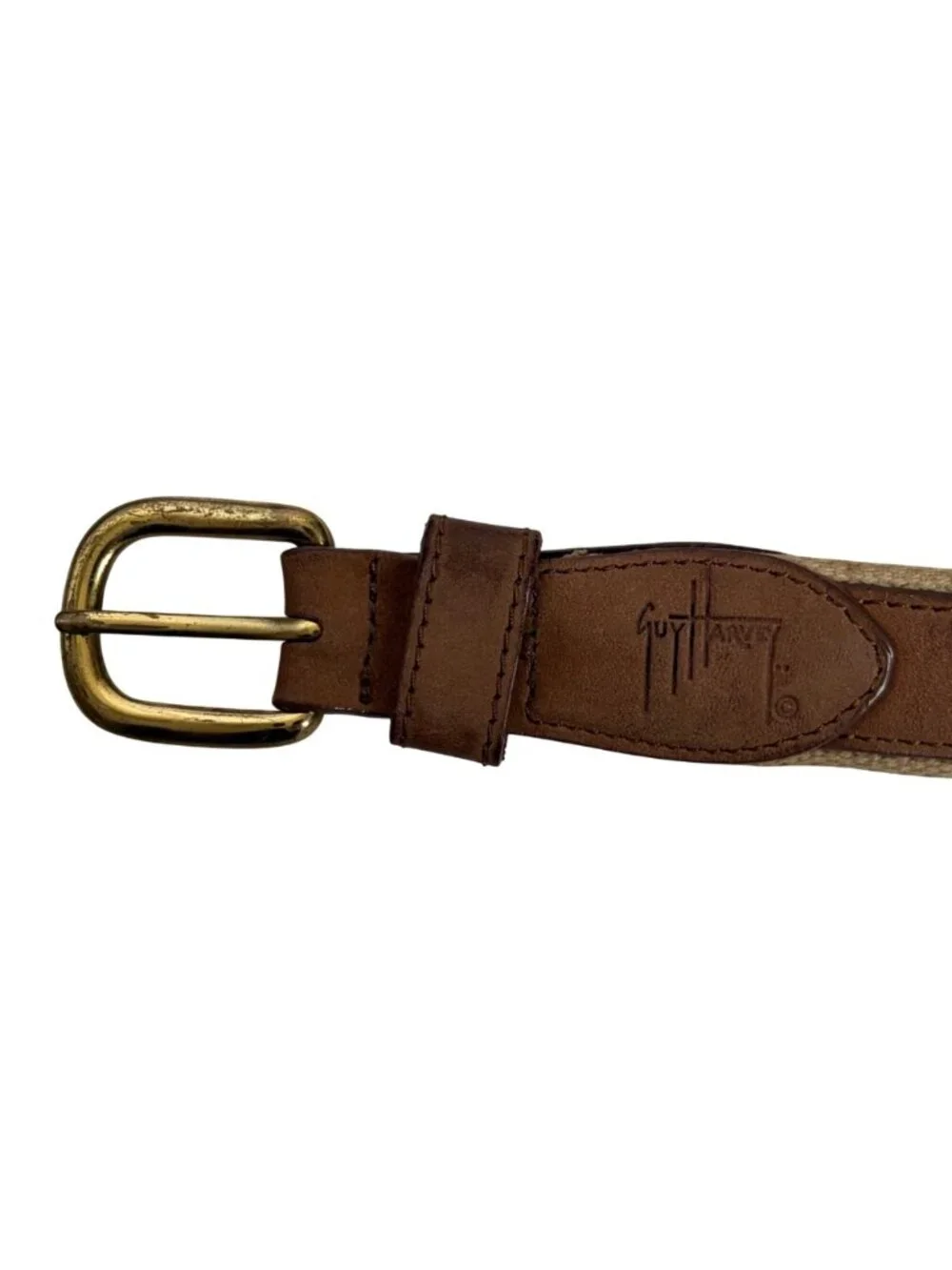 Guy Harvey Brown Leather Canvas Mahi Mahi Fish Belt Mens 32 Preppy Fishing